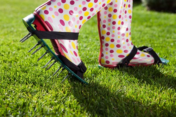 aeracja trawnika w specjalnych butach